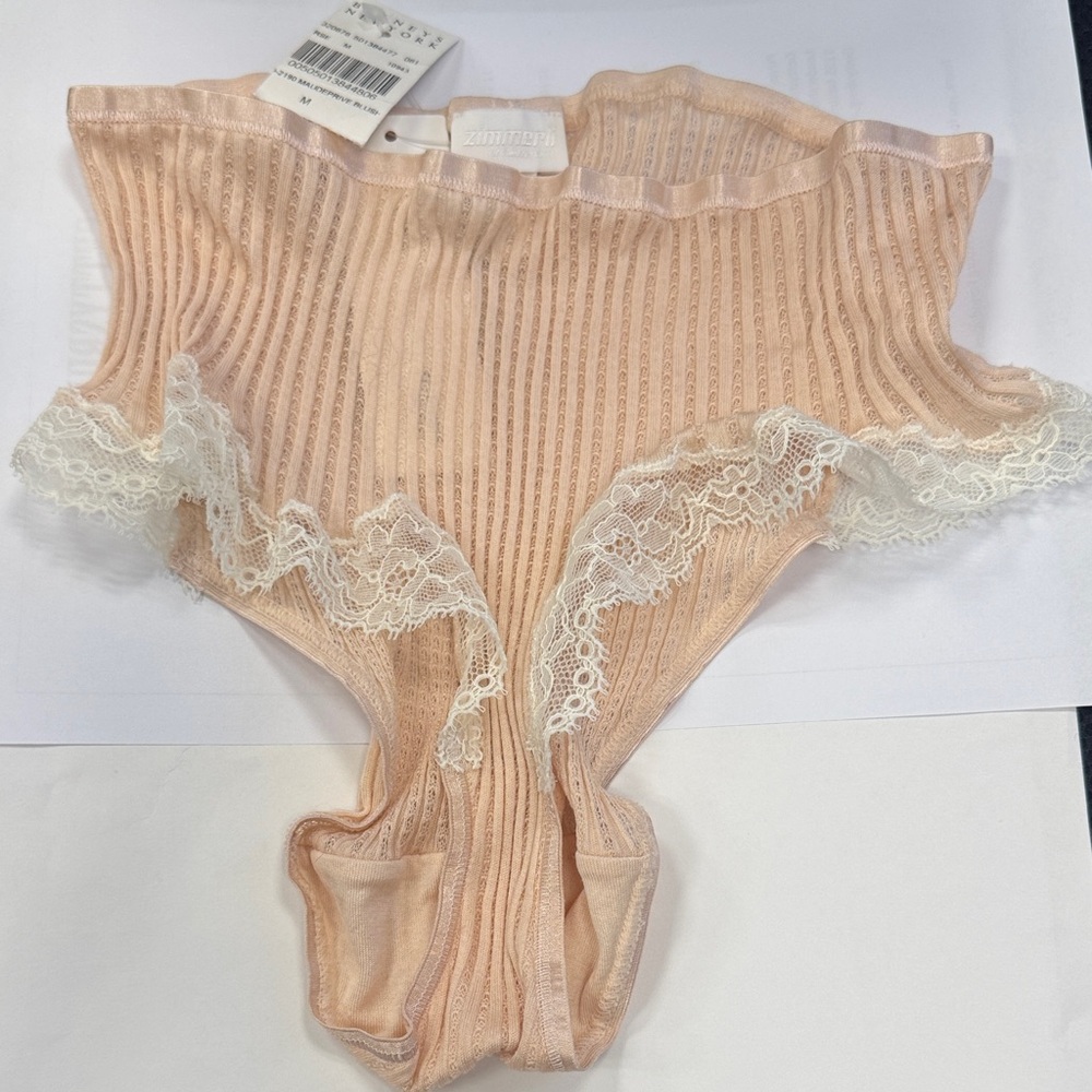 Zimmerli Blush Ribbed High-Waist Briefs with White Lace Trim
